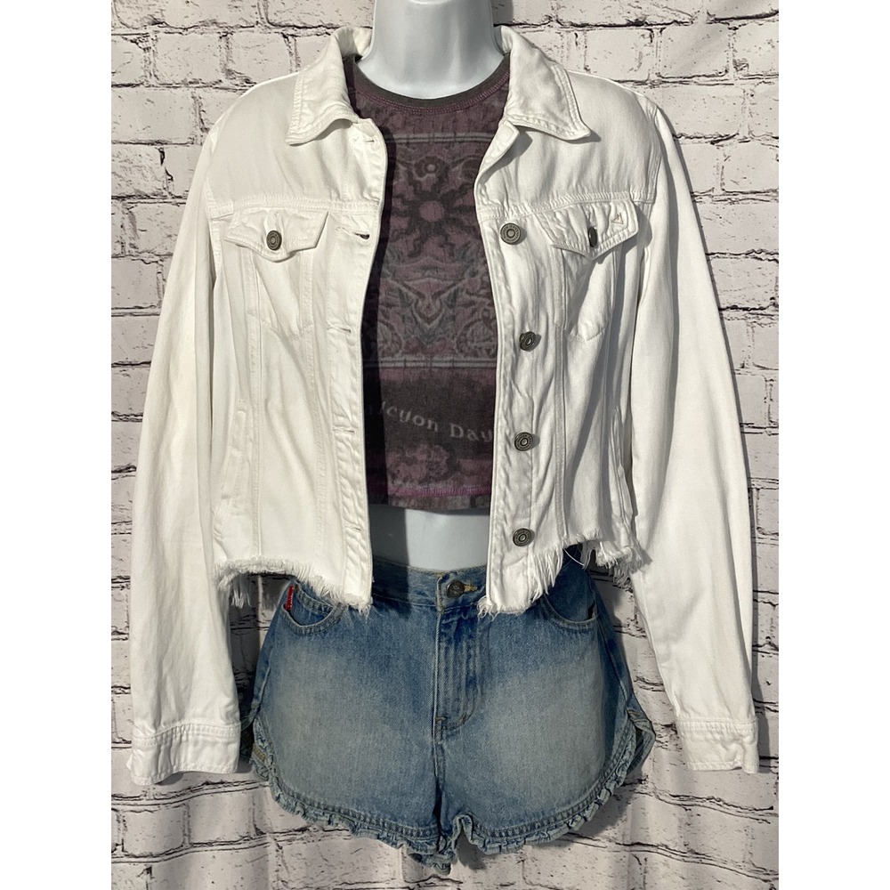 Hidden Jeans White Cropped Denim Jacket Frayed Hem Raw Edge Trucker Jacket